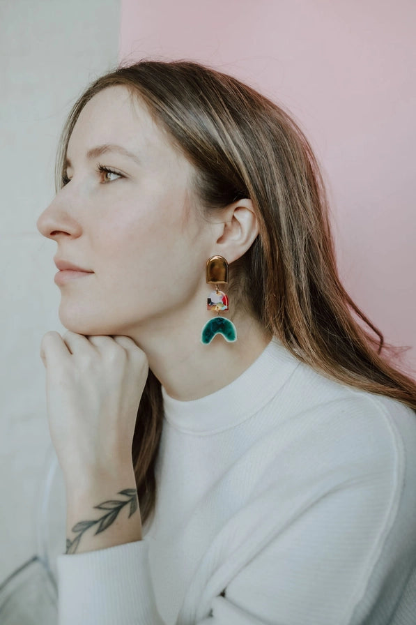 Tiered Rainbow + Emerald Arch Porcelain Earrings