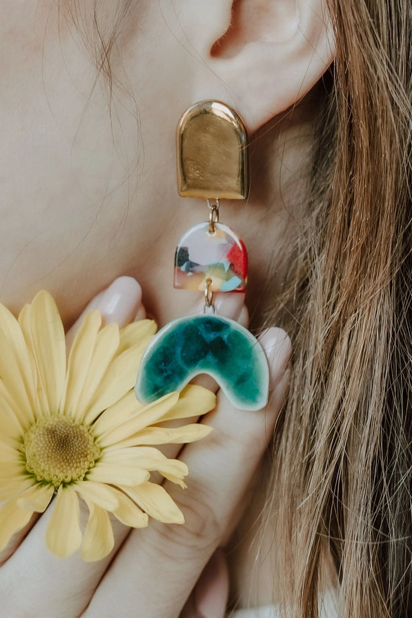 Tiered Rainbow + Emerald Arch Porcelain Earrings