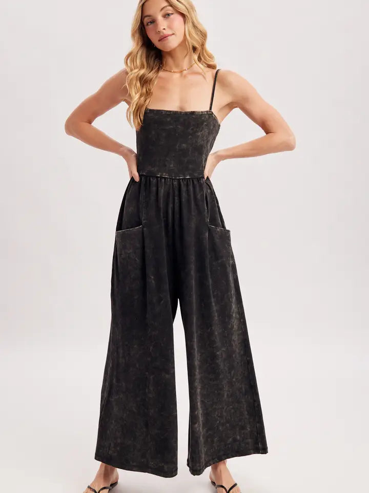 Washed Sleeveless Wide Leg Jumpsuit