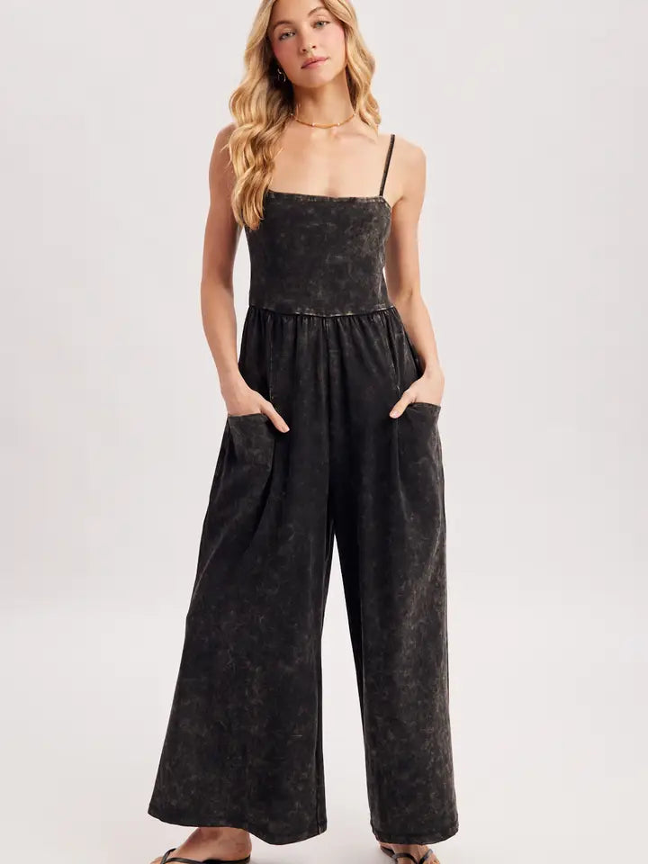 Washed Sleeveless Wide Leg Jumpsuit