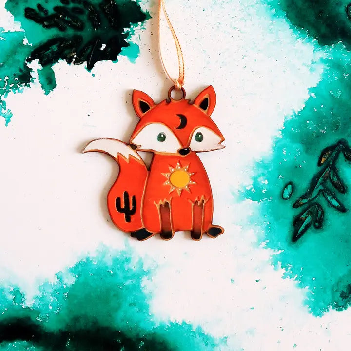 Western Celestial Fox Wood Hand Painted Ornament