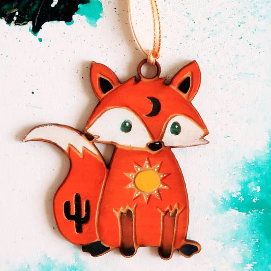 Western Celestial Fox Wood Hand Painted Ornament