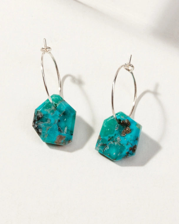 Geometry Mini Hoop Turquoise Earrings in Silver