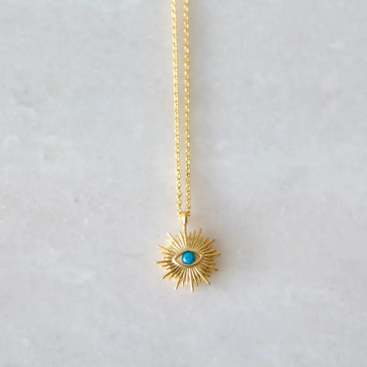 Turquoise Evil Eye Sunburst Necklace - Gold